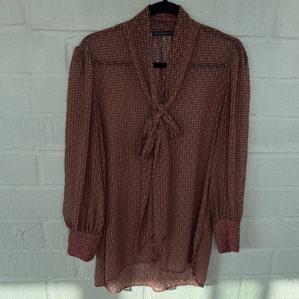 Adrianna Papell Textured Clip Dot Tie Neck Lon Sleeve Toasted GInger Blouse XL